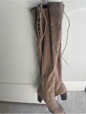 Taupe Lace-Up Over-The-Knee Block Heel Boots